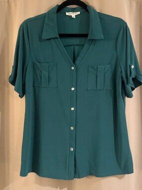 PerSeption Concept Teal Button-Front Short Sleeve Shirt